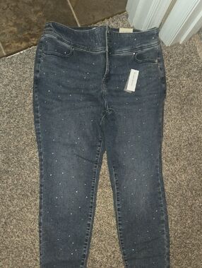 Women's Dark Wash Skinny Jeans with Metallic Speckle